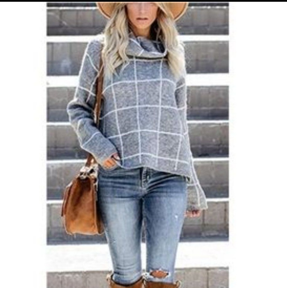 Grid Pattern Turtleneck Knitted Jumper Sweater - image 1